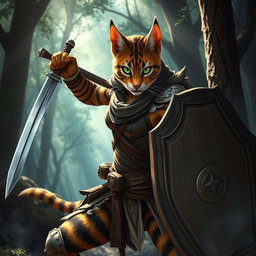A powerful female tabaxi fighter, poised in an action stance with a gleaming sword in one hand and a sturdy shield in the other