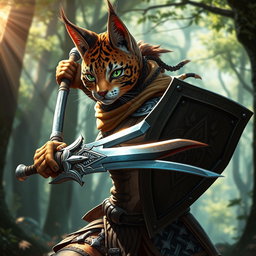 A powerful female tabaxi fighter, poised in an action stance with a gleaming sword in one hand and a sturdy shield in the other