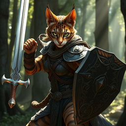 A powerful female tabaxi fighter, poised in an action stance with a gleaming sword in one hand and a sturdy shield in the other