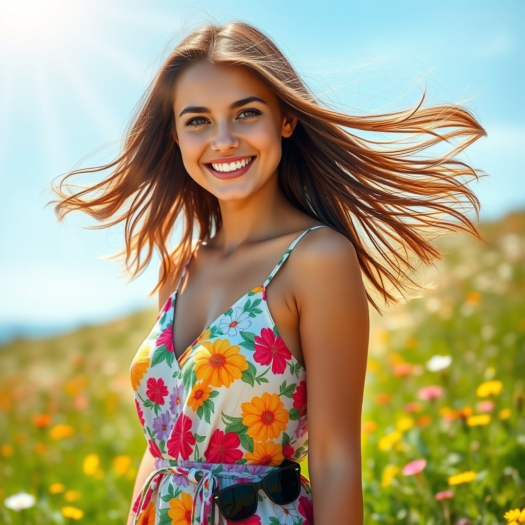 A stunning young woman with flowing brunette hair, wearing a vibrant summer dress adorned with floral patterns, standing in a sunlit meadow