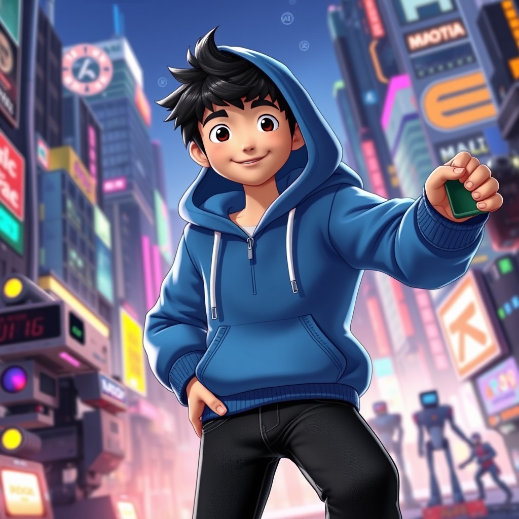 A vibrant and dynamic portrayal of Tadashi Hamada from Big Hero 6, depicted in an animated style