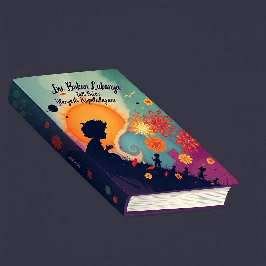 A book cover for the title 'Ini Bukan Lukanya Tapi Bekas Luka yang Masih Kupelajari', featuring an abstract representation of emotional healing and resilience