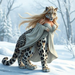 An anthropomorphic snow leopard featuring a beautifully detailed snow leopard body and legs, transitioning at the shoulders into a human female torso, head, and arms