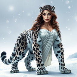 An anthropomorphic snow leopard featuring a meticulously detailed snow leopard body and legs, seamlessly transitioning at the shoulders into a human female torso, head, and arms