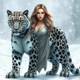 An anthropomorphic snow leopard featuring a meticulously detailed snow leopard body and legs, seamlessly transitioning at the shoulders into a human female torso, head, and arms