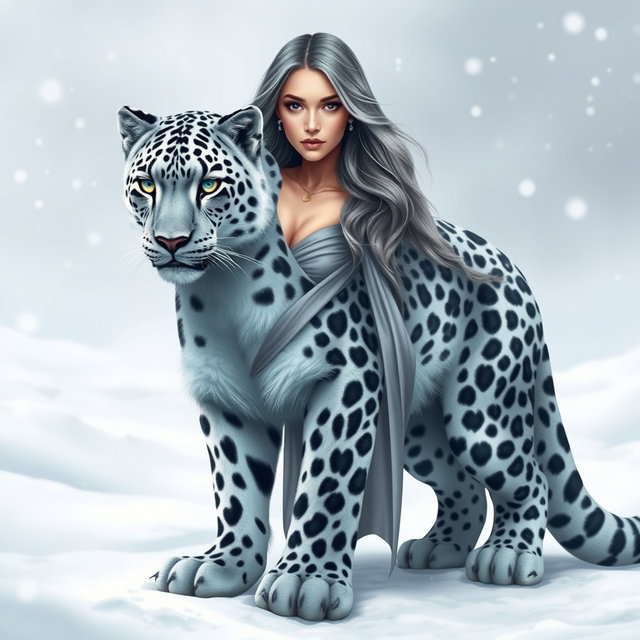 An anthropomorphic snow leopard featuring a meticulously detailed snow leopard body and legs, seamlessly transitioning at the shoulders into a human female torso, head, and arms