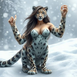 An anthropomorphic snow leopard with a beautifully detailed snow leopard body and legs, featuring a human female torso, head, and arms seamlessly attached at the shoulders in place of the leopard's head
