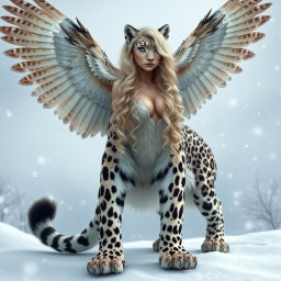 An anthropomorphic snow leopard featuring a detailed snow leopard body and legs, combined with a human female torso, head, and arms rising up from the shoulders in place of the leopard's head