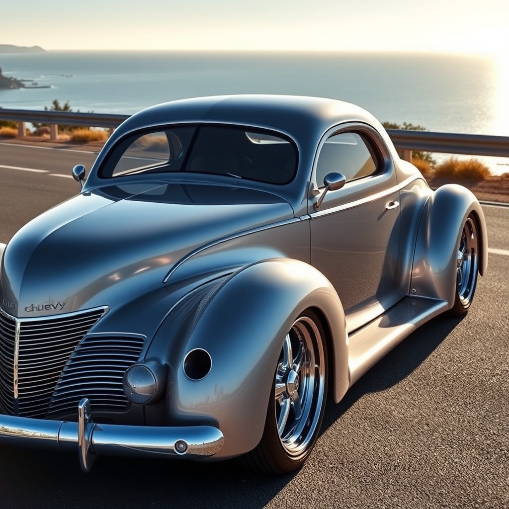 A stunning 1939 Chevy Coupe modified with hypercar-inspired wheel fenders that give it an aggressive and futuristic look