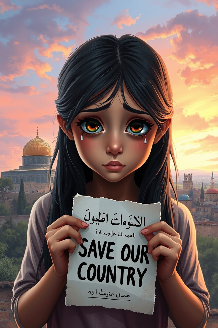 A stunning digital painting portraying a Palestinian girl with expressive, large eyes filled with tears