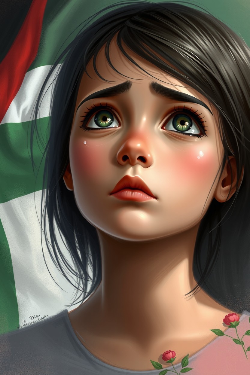 A beautiful digital painting of a Palestinian girl with expressive eyes filled with tears