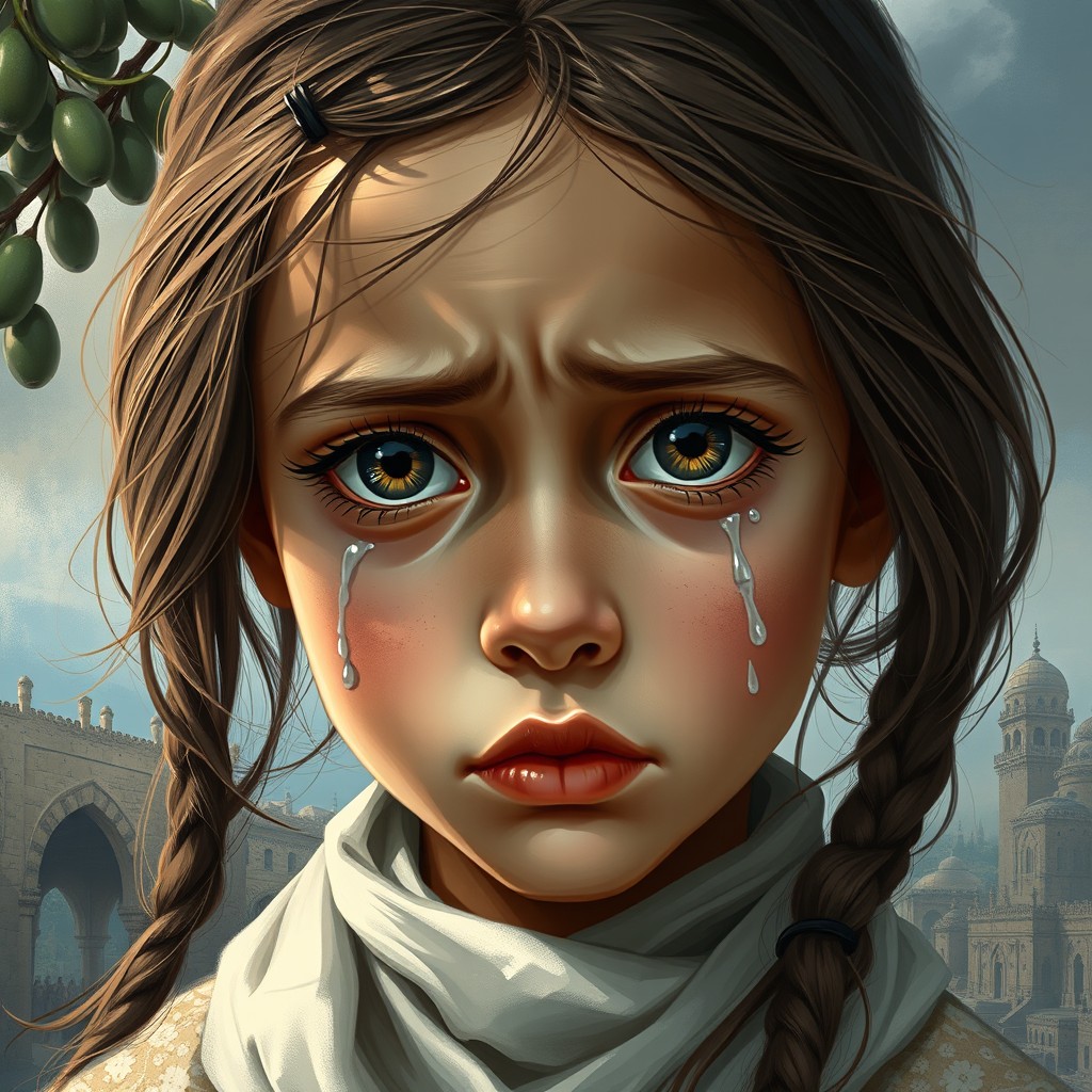 A stunning digital painting depicting a young Palestinian girl with striking, soulful eyes filled with tears, symbolizing her longing and hope to save her country