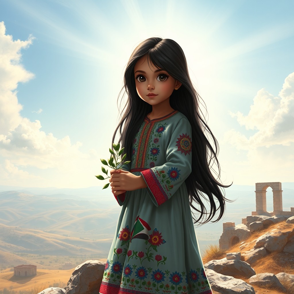 A stunning digital painting of a young Palestinian girl with long, flowing dark hair and bright, expressive eyes, standing on a rocky hilltop overlooking the landscape of Palestine