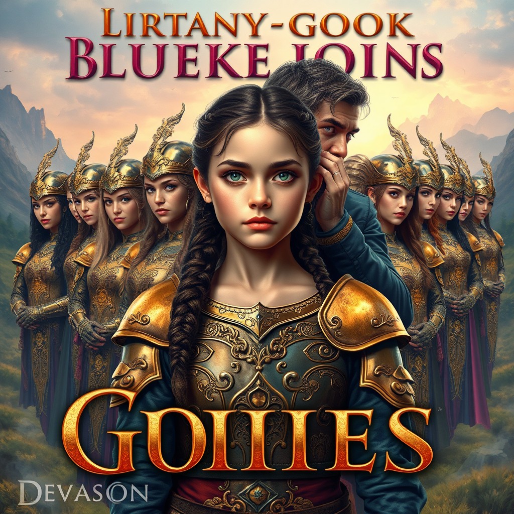 A fantasy book cover design featuring a girl in the foreground with a determined expression, looking straight ahead