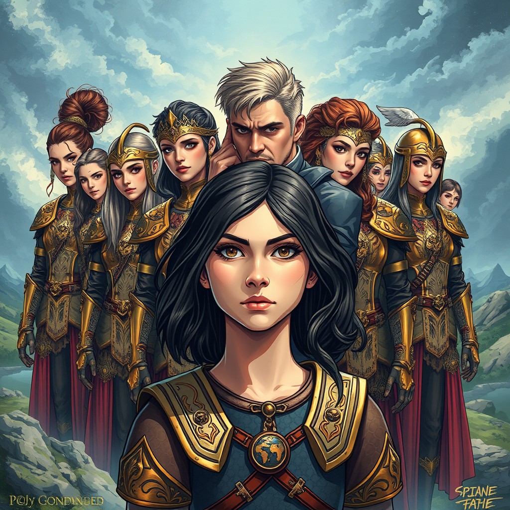 A fantasy book cover design in a graphic illustration style featuring a girl in the foreground with a determined expression, looking straight ahead