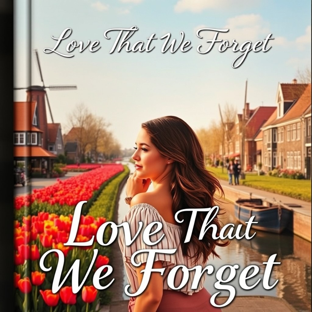 A romantic book cover set in the picturesque landscape of the Netherlands, featuring a handsome young man and a beautiful young woman standing close together, their expressions filled with love and nostalgia