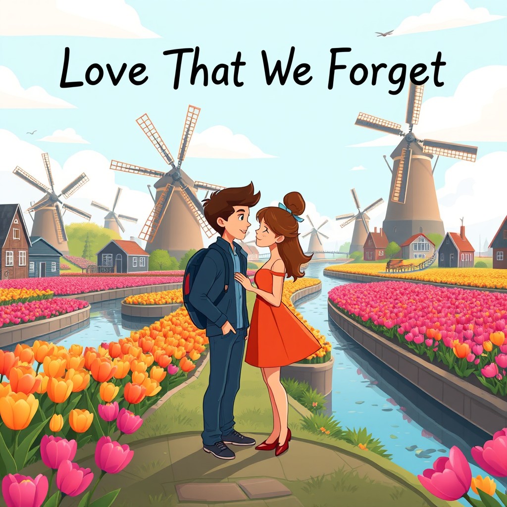 A whimsical animated book cover set in the enchanting landscape of the Netherlands, depicting a stylized, cartoonish young man and woman standing together, sharing a tender moment