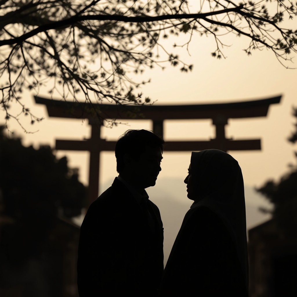 A silhouette of a man in a suit and a woman wearing a hijab, standing side by side