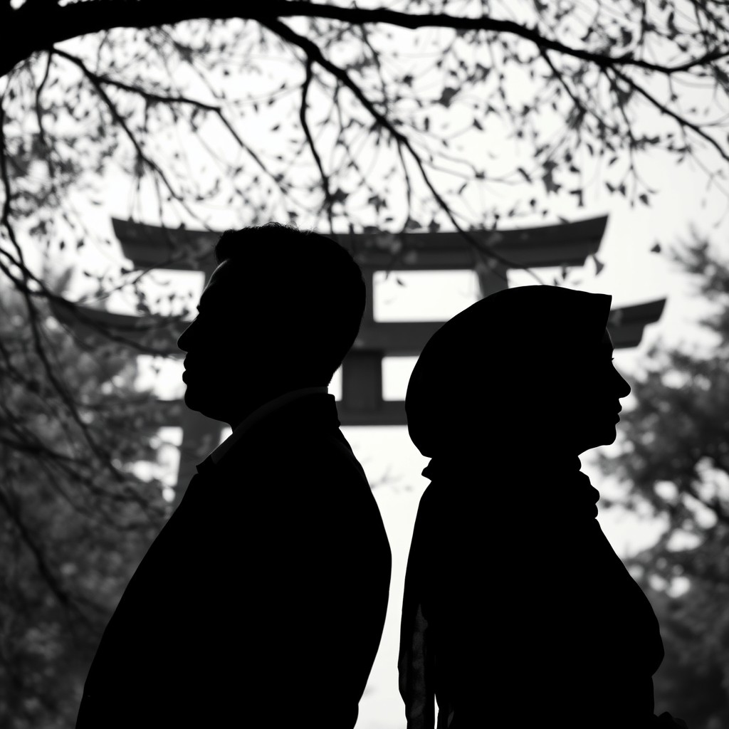 A silhouette of a man in a suit and a woman wearing a hijab standing back to back