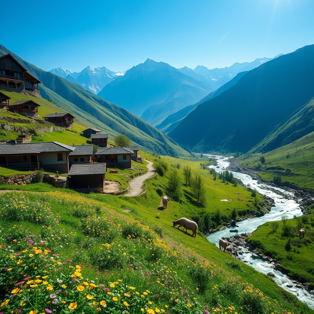 A stunning view of Tajikistan's natural beauty, featuring the majestic Pamir mountains under a clear blue sky