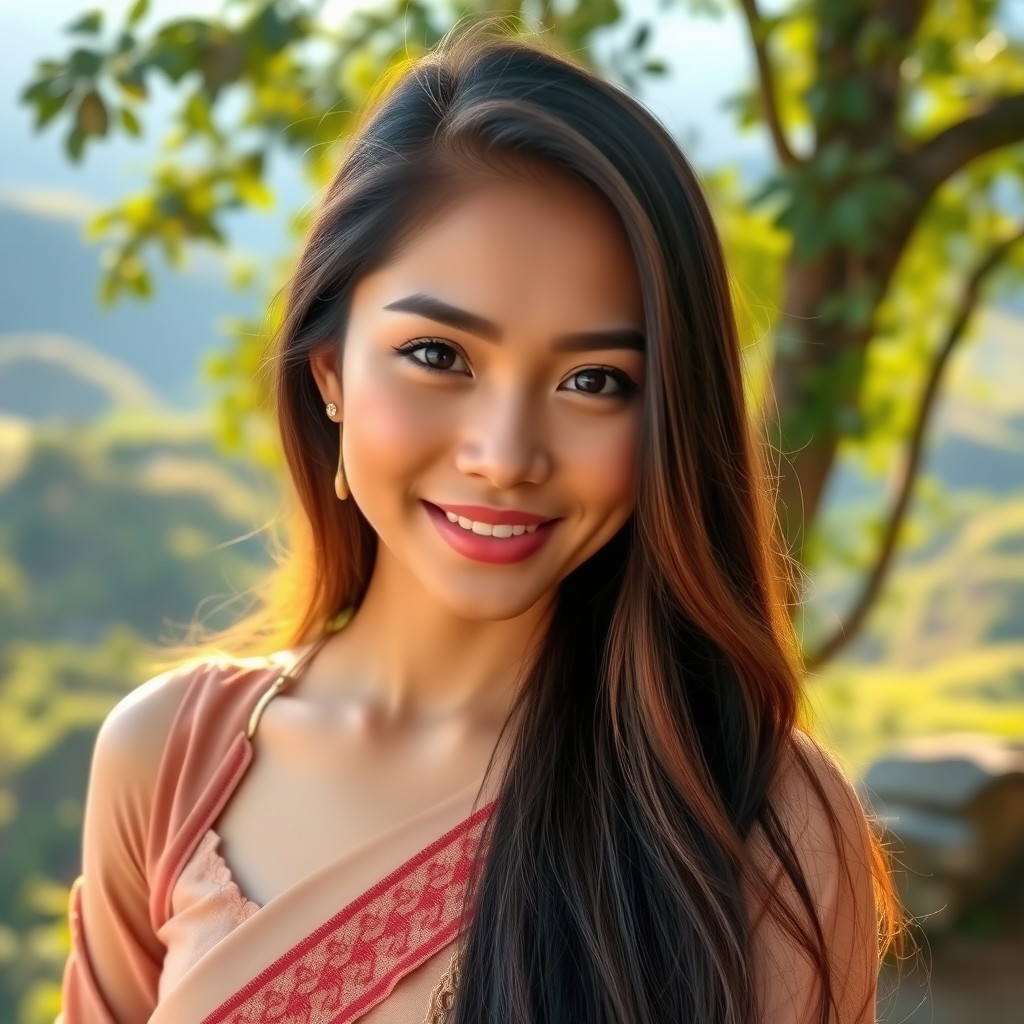 A beautiful Indonesian woman with long hair and brown eyes, showcasing her stunning features