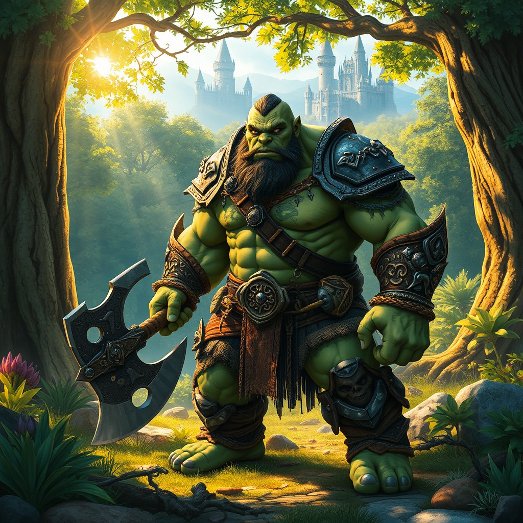 A vibrant scene depicting an orc in a fantasy setting, showcasing their muscular build and rugged features