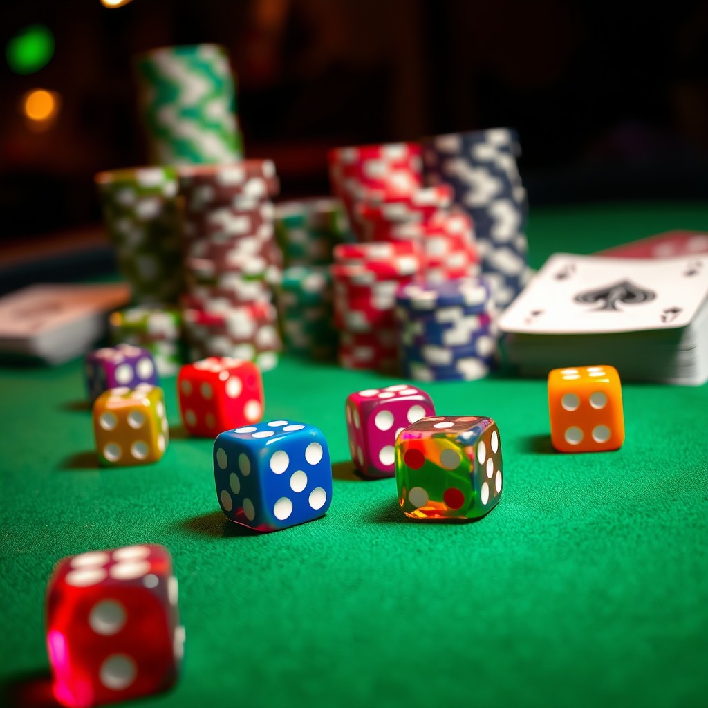 A vibrant and colorful poker table scene showcasing several vividly designed dice scattered across the green felt surface