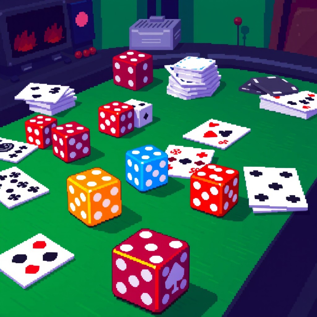 A pixel art scene depicting a poker table covered with colorful pixelated dice and playing cards