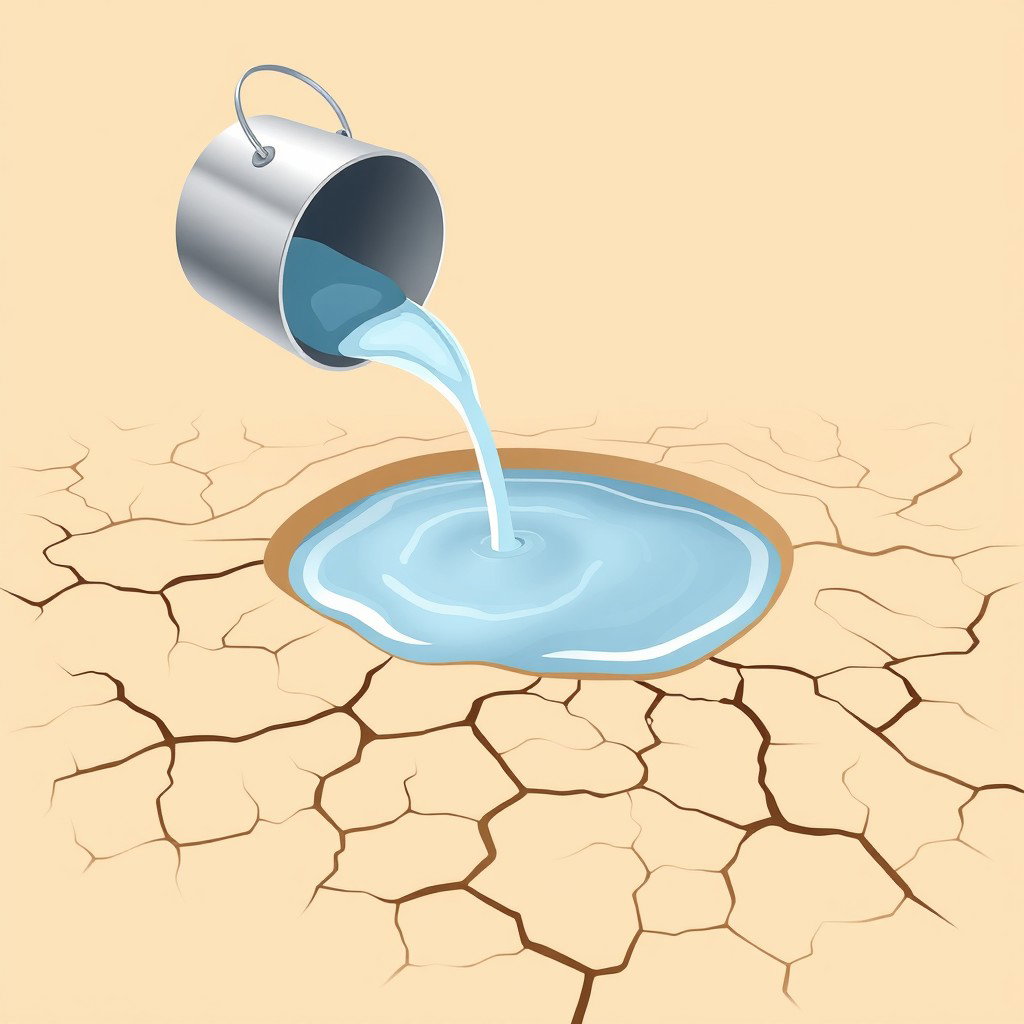A professional illustration of a metal bucket pouring water onto dry desert sand, with most of the water seeping away