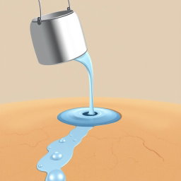 A professional illustration of a metal bucket pouring water onto dry desert sand, with most of the water seeping away