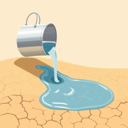 A professional illustration of a metal bucket pouring water onto dry desert sand, with most of the water seeping away