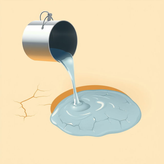 A professional illustration of a metal bucket pouring water onto dry desert sand, with most of the water seeping away