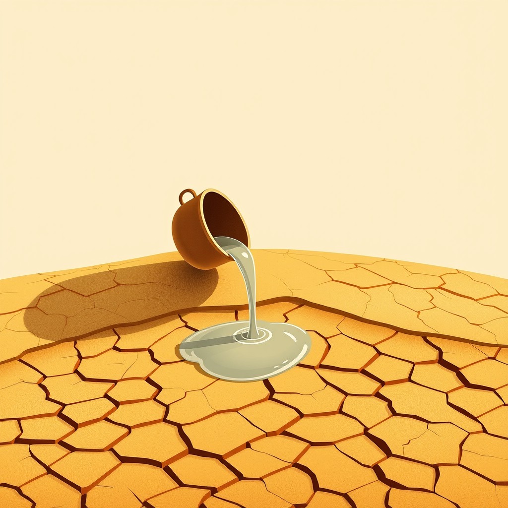 An elegant illustration inspired by AlUla’s desert heritage, depicting a simple clay or brass bucket pouring water onto golden desert sand