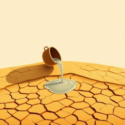 An elegant illustration inspired by AlUla’s desert heritage, depicting a simple clay or brass bucket pouring water onto golden desert sand