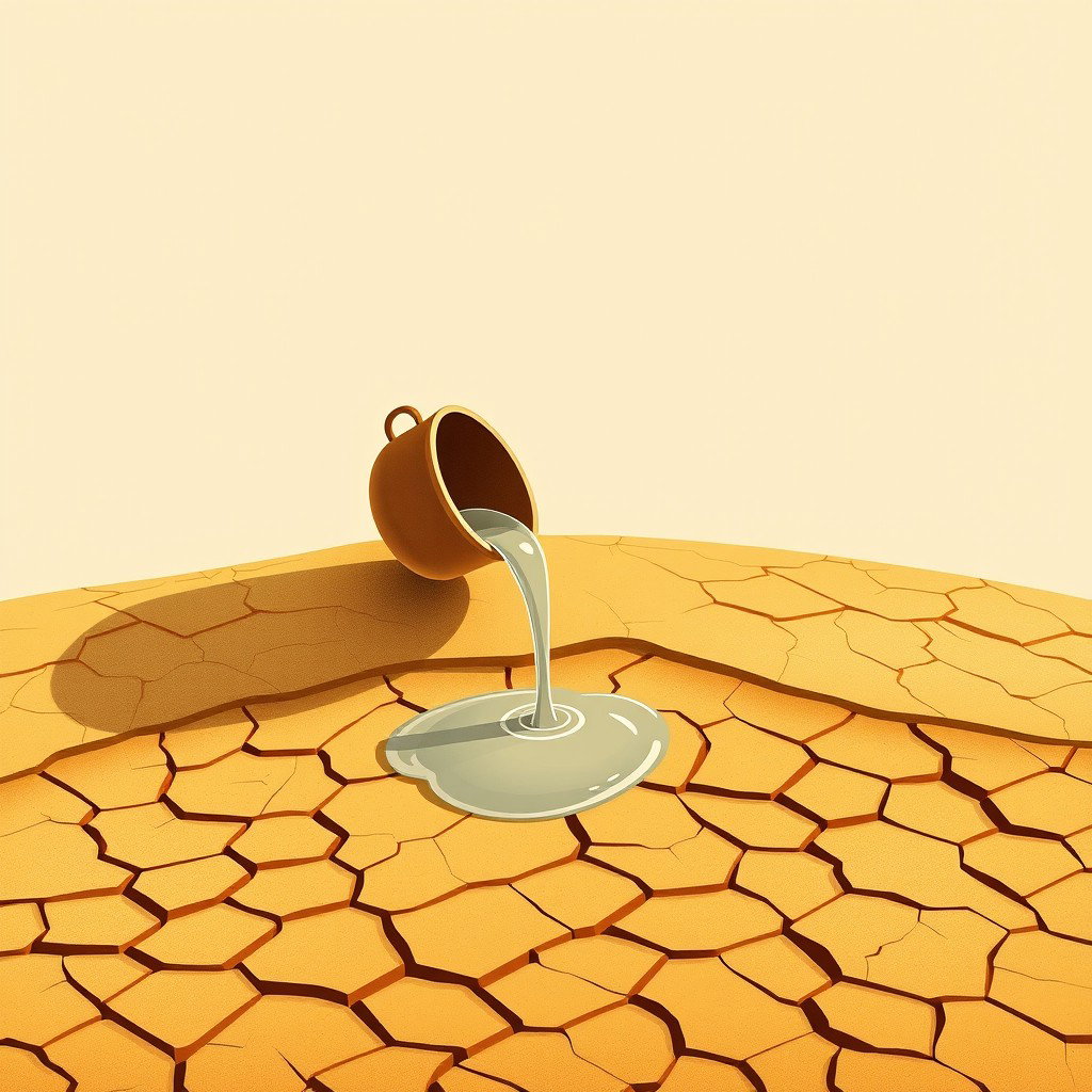 An elegant illustration inspired by AlUla’s desert heritage, depicting a simple clay or brass bucket pouring water onto golden desert sand