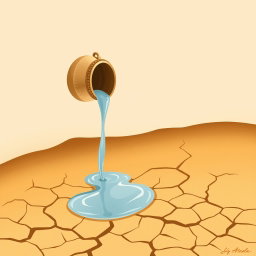 An elegant illustration inspired by AlUla’s desert heritage, depicting a simple clay or brass bucket pouring water onto golden desert sand