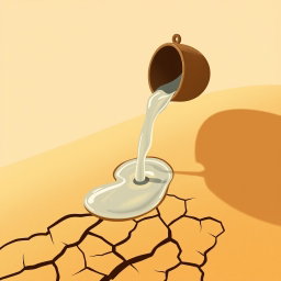 An elegant illustration inspired by AlUla’s desert heritage, depicting a simple clay or brass bucket pouring water onto golden desert sand