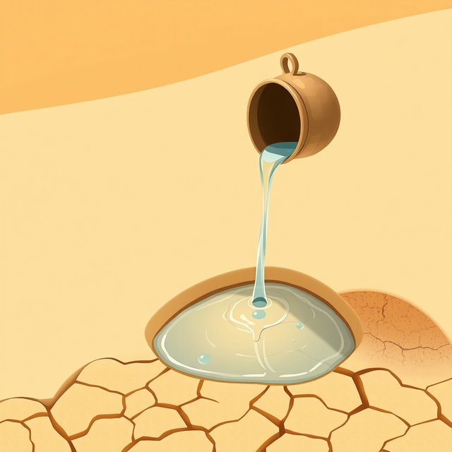 An elegant illustration inspired by AlUla’s desert heritage, depicting a simple clay or brass bucket pouring water onto golden desert sand