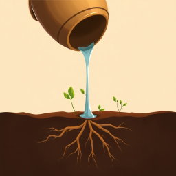 An elegant illustration inspired by AlUla’s oasis landscape, featuring a clay or brass bucket pouring water onto rich dark soil
