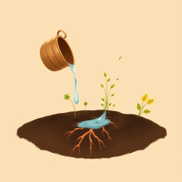 An elegant illustration inspired by AlUla’s oasis landscape, featuring a clay or brass bucket pouring water onto rich dark soil