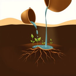An elegant illustration inspired by AlUla’s oasis landscape, featuring a clay or brass bucket pouring water onto rich dark soil