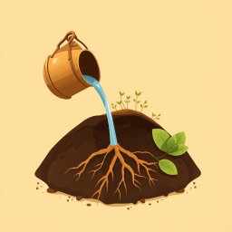 An elegant illustration inspired by AlUla’s oasis landscape, featuring a clay or brass bucket pouring water onto rich dark soil
