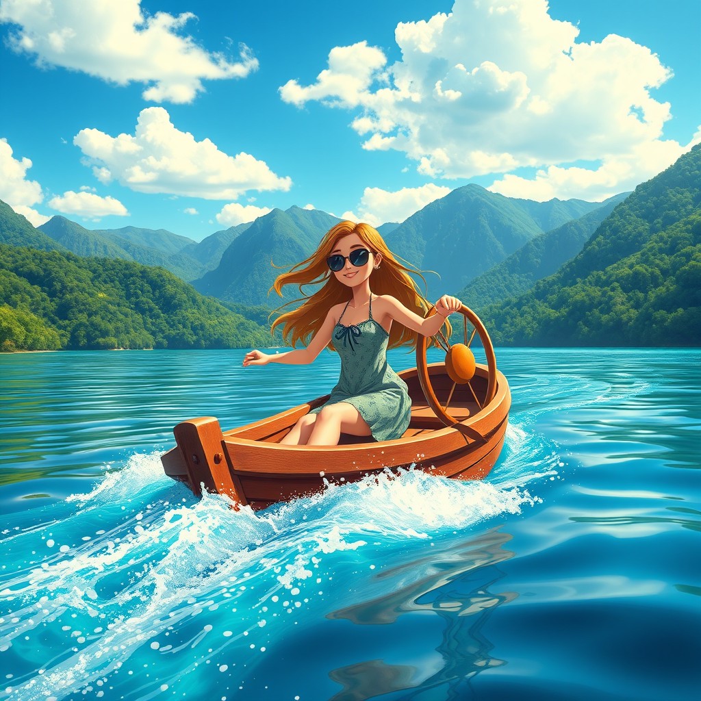 A character confidently navigating a beautiful boat on a serene lake surrounded by lush green mountains
