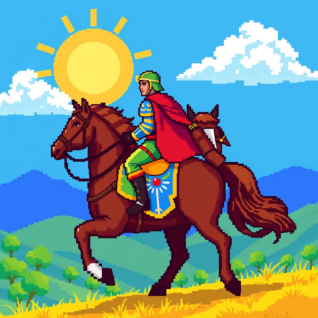 A vibrant 8-bit pixel art style image of a rider on a horse