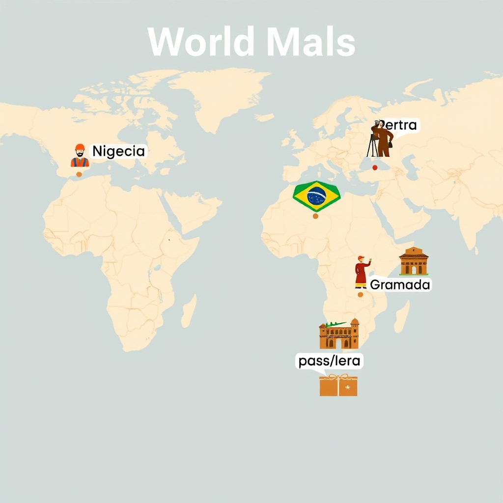 A world map highlighting Nigeria and Brazil with icons representing oil and gas industries, and Petra and Granada with icons symbolizing tourism