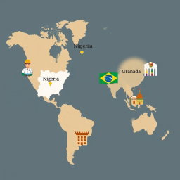 A world map highlighting Nigeria and Brazil with icons representing oil and gas industries, and Petra and Granada with icons symbolizing tourism