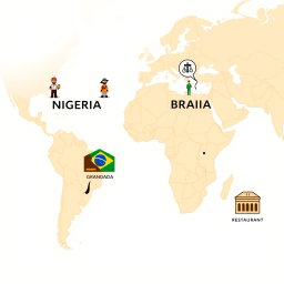A world map highlighting Nigeria and Brazil with icons representing oil and gas industries, and Petra and Granada with icons symbolizing tourism
