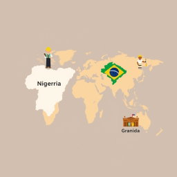 A world map highlighting Nigeria and Brazil with icons representing oil and gas industries, and Petra and Granada with icons symbolizing tourism