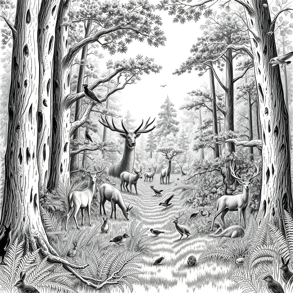 A black and white sketch of a dense forest, showcasing a variety of wildlife within the lush foliage