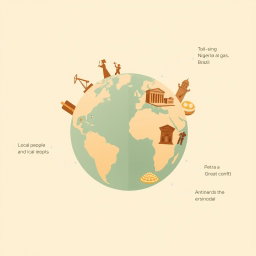 A professional illustration for a corporate presentation featuring a globe as the central symbol